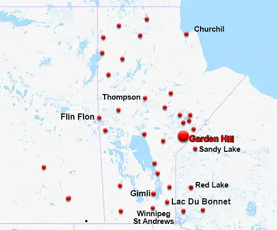 Map showing the location of Garden Hill in Manitoba